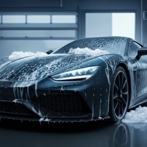 A stunning sports car, glistening with soap suds, is showcased in a modern car wash setting. The image captures the essence of luxury and meticulous care, perfect for automotive advertising and detailing services